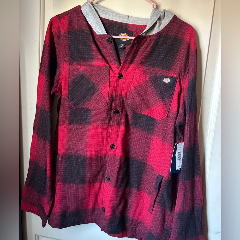 Dickies red plaid flannel hooded shirt jacket